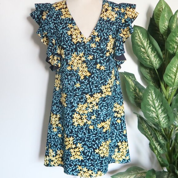 ZARA Basic Floral Ruffle Sleeve Mini Dress Blue Yellow Medium - Picture 2 of 14